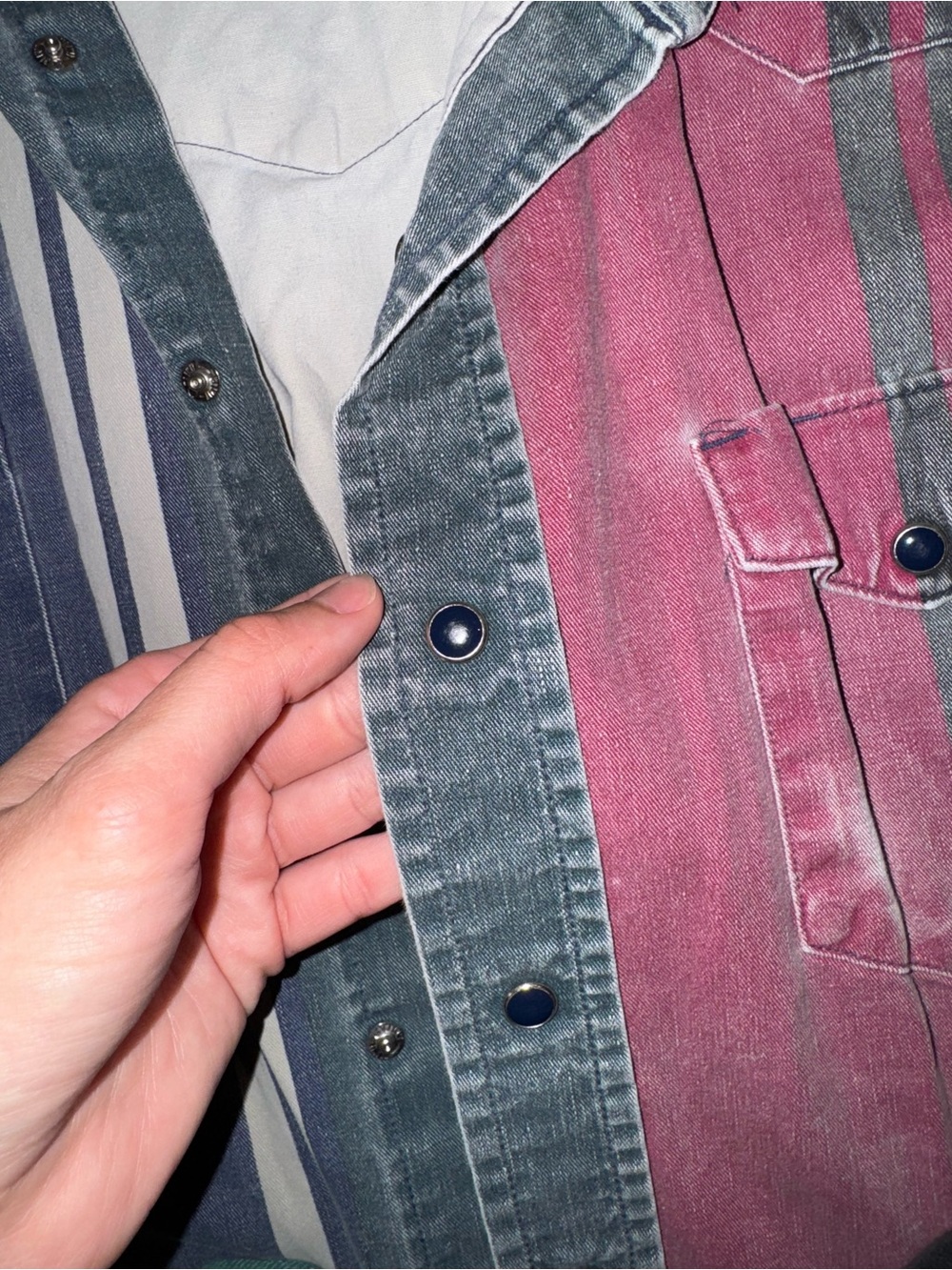 Wrangler Striped Denim Shirt in Blue, green, & faded red - Picture 3 of 4